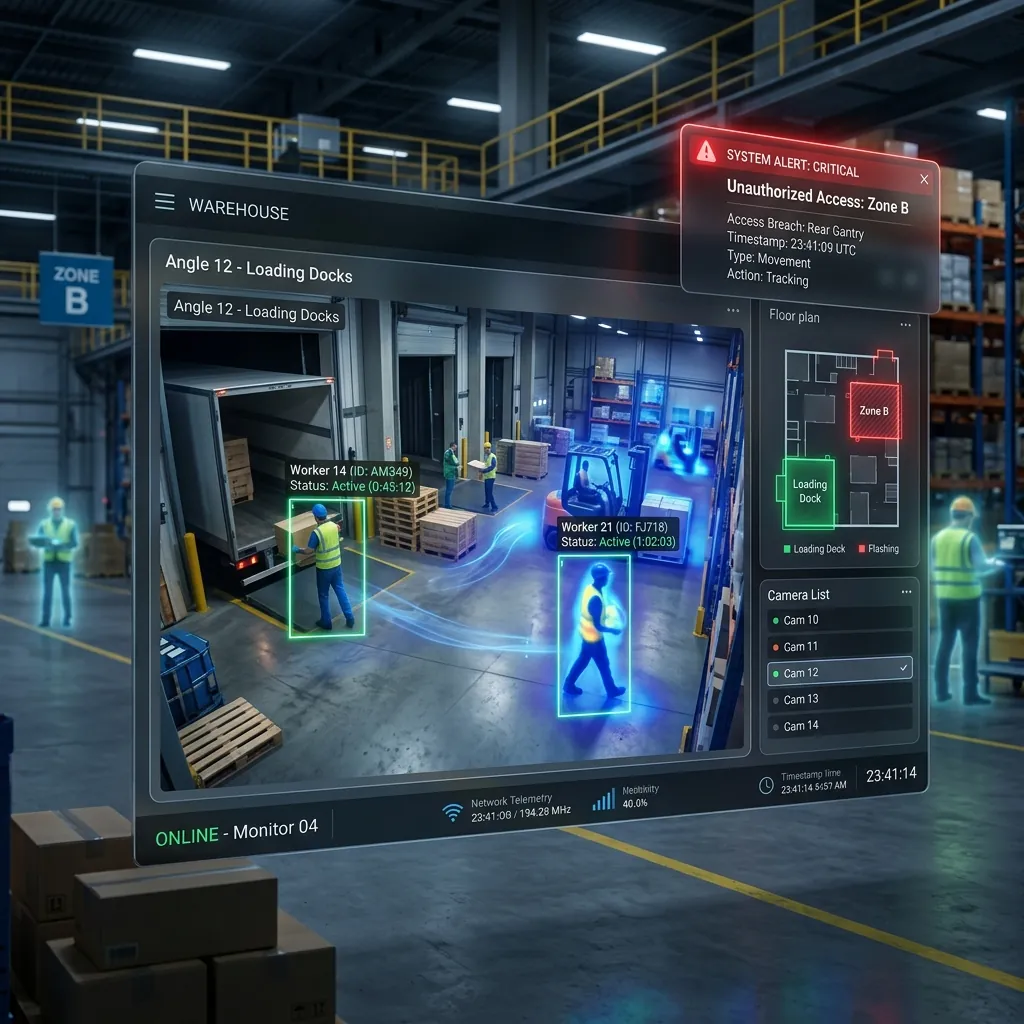 Illustrative concept image of a warehouse loading-dock camera view on a monitor. It is not a screenshot of AnomaEYE.